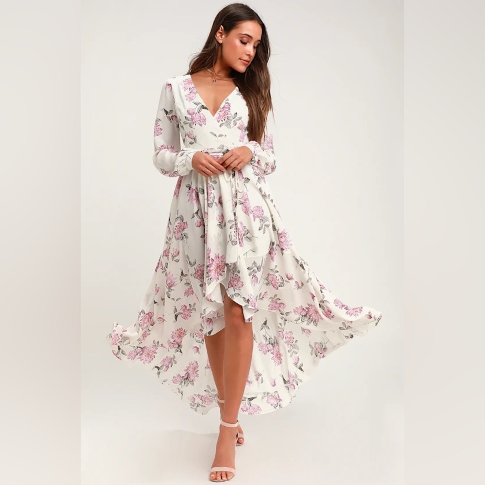 Lulus High Low Wrap‎ Dress Womens XS White Pink Floral Romantic Cottagecore Boho